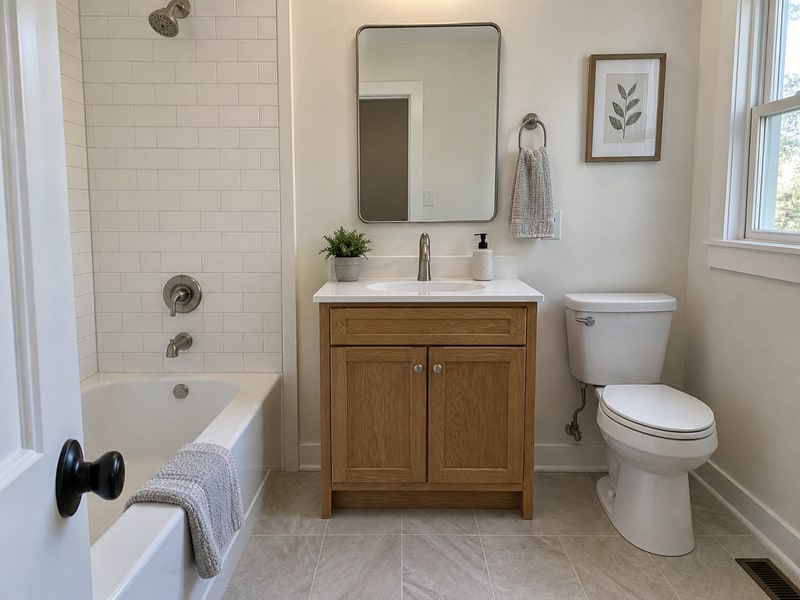 Finished bathroom with oak vanity and tiled bathtub surround