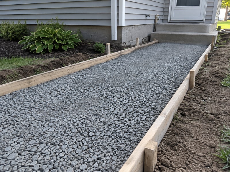 Compacted gravel walkway base inside timber forms