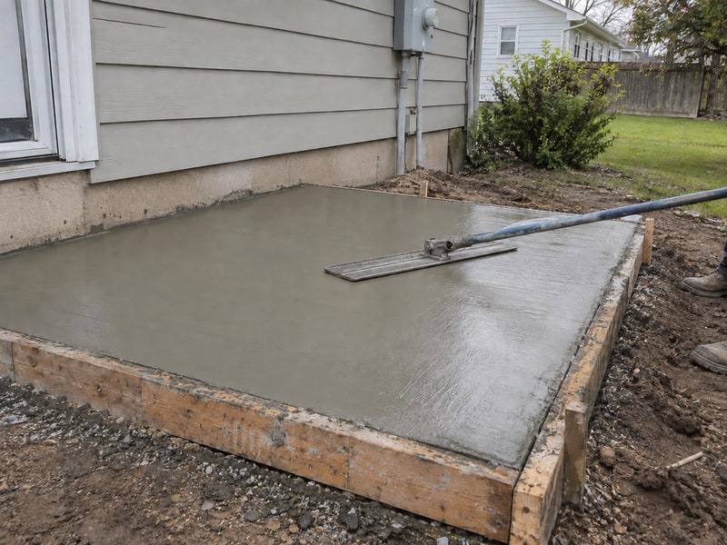 Bull float smoothing a freshly poured concrete slab