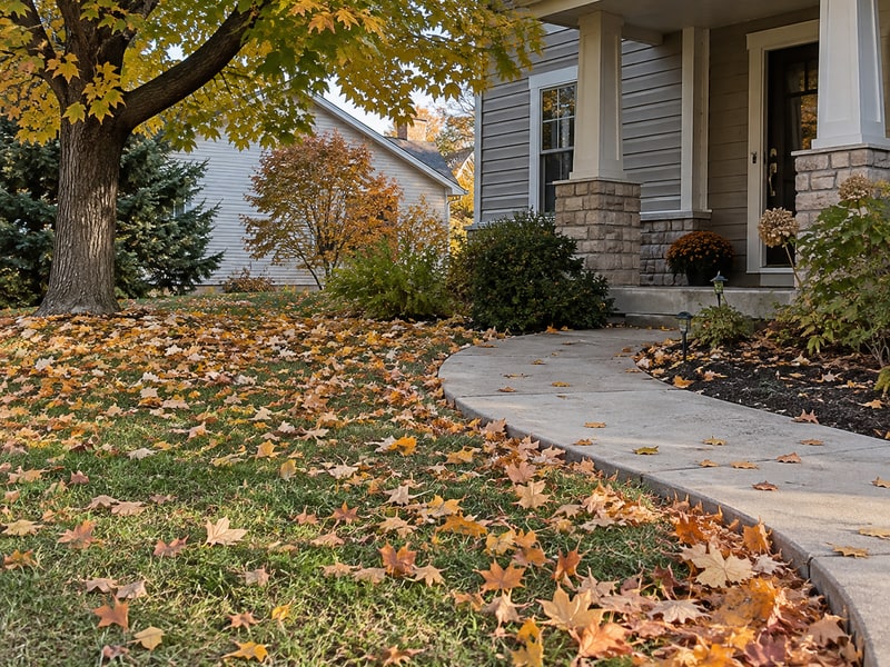 Autumn leaves covering a front lawn beside a walkway