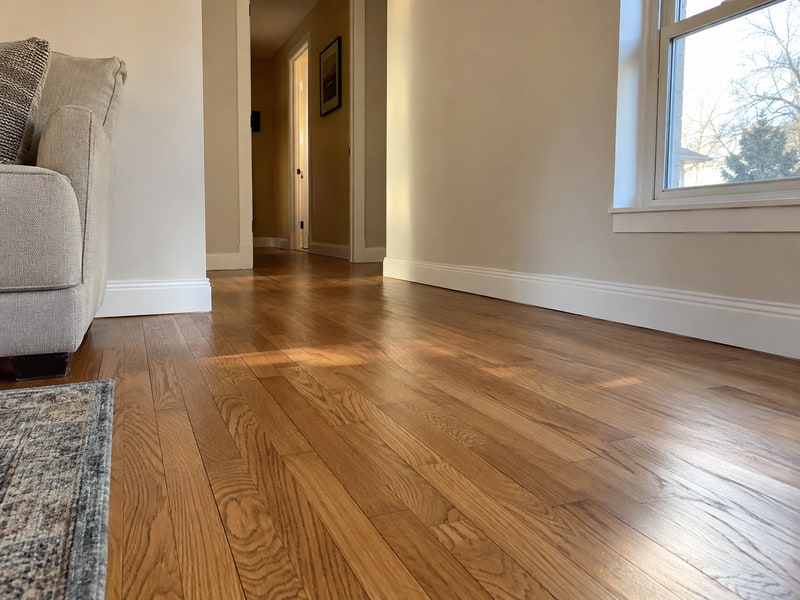 Oak hardwood floor and finished white baseboards in a living room