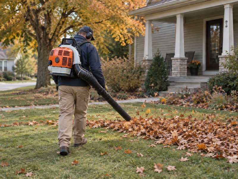 Worker gathering autumn leaves