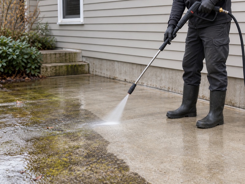 Pressure washing algae from a concrete patio