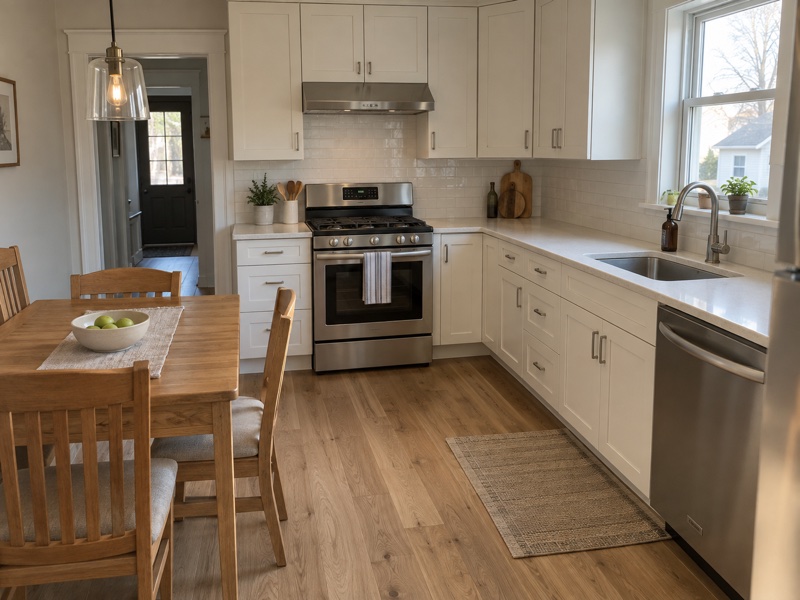 Renovated kitchen with white cabinetry, oak flooring and finished trim
