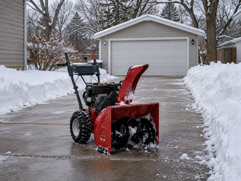 Snow blower on a cleared residential driveway