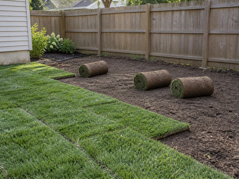Fresh sod laid in rows beside rolls ready for installation