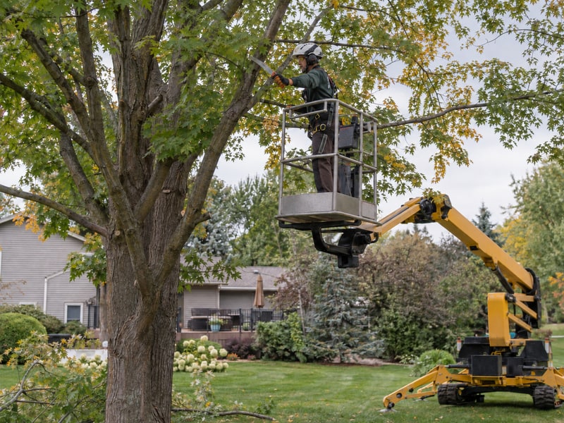 Arborist pruning a maple from an aerial lift