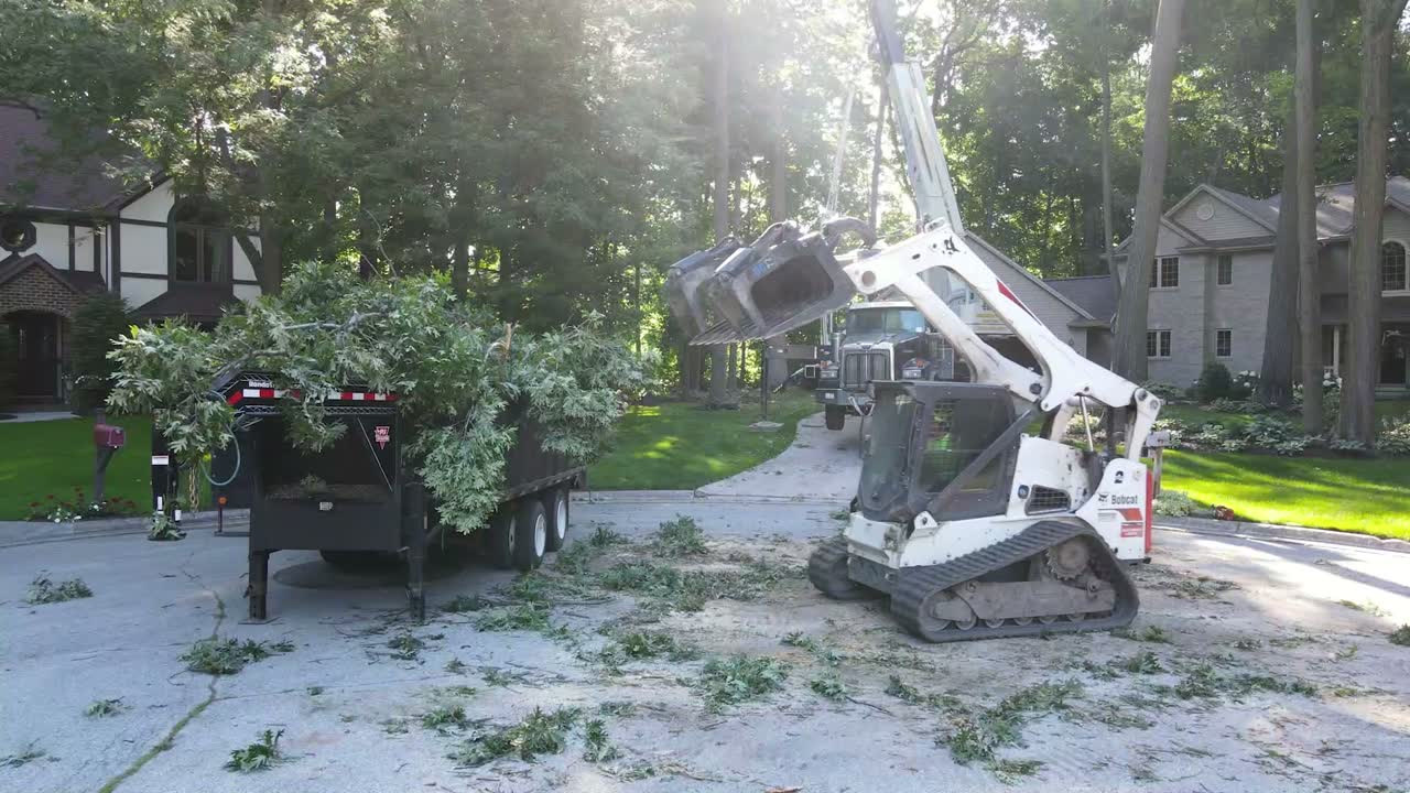 Two Guys USA crew loading felled tree limbs into a trailer with a Bobcat loader